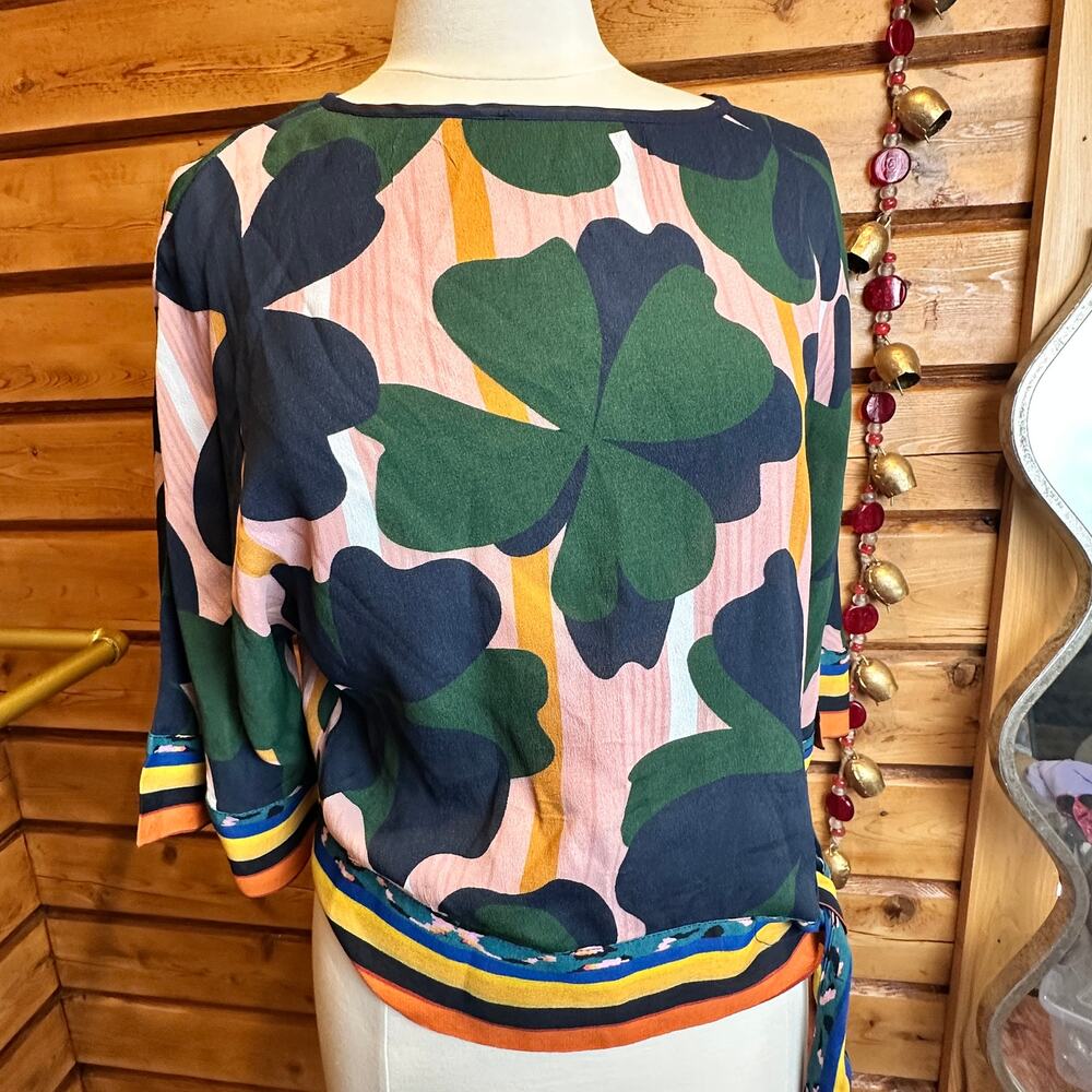 Blink London Clover Print Tie Front Blouse Multicolor 3/4 Sleeve Top